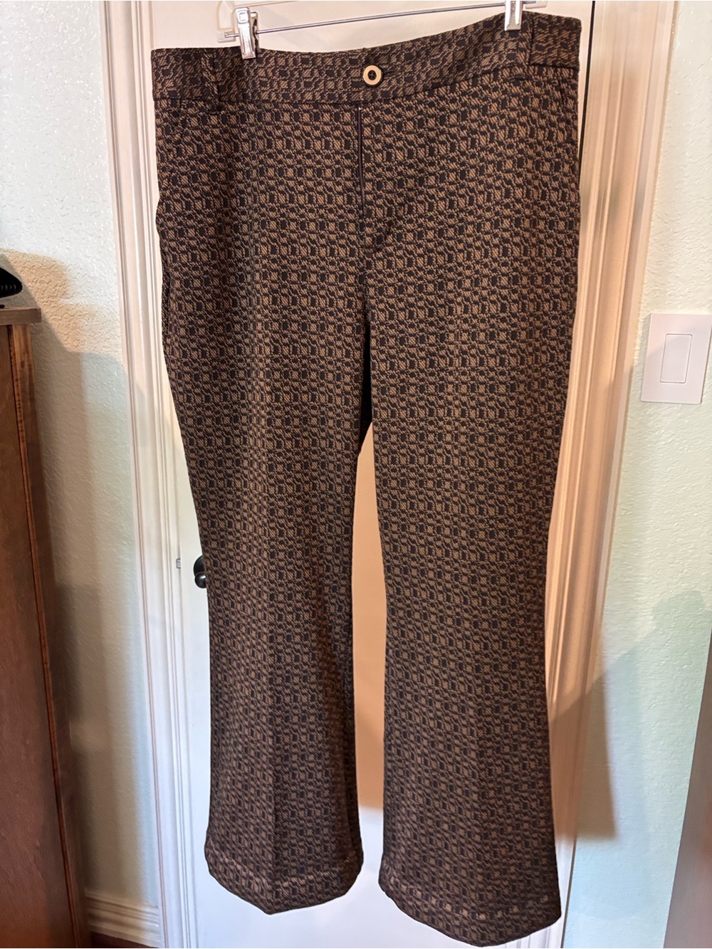 CAbi Director Trousers | Brown Textured Geometric Boot-Cut Pants